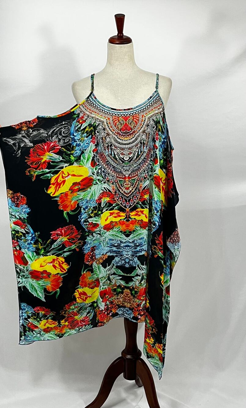 CZARINA OS Black Multi Beaded Caftan Dress Off Shoulder